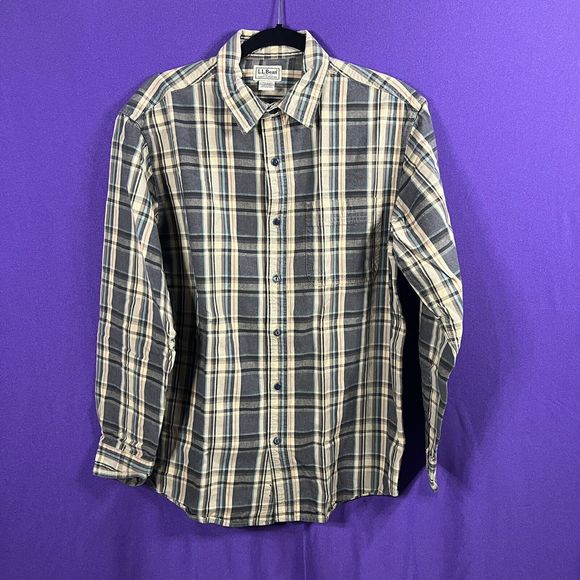 LL Bean Men's Medium Blu/Grey  Plaid Shirt 100% Cotton Traditional Fit 273023 - Picture 1 of 3